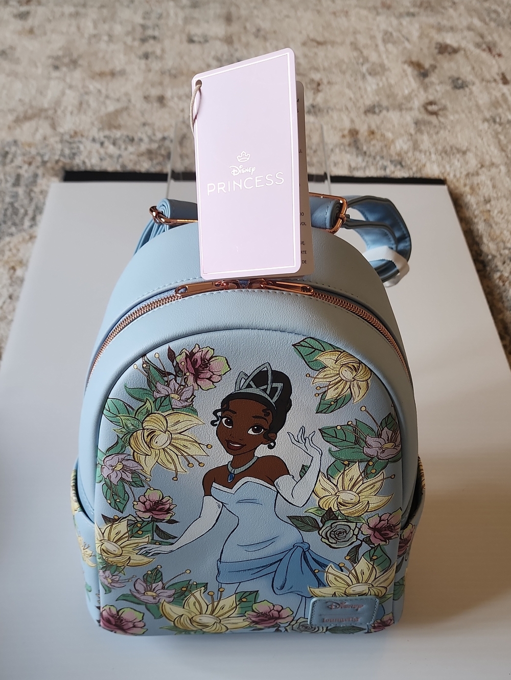 Loungefly Disney Princess Tiana Light Blue Floral Mini Backpack. NWT